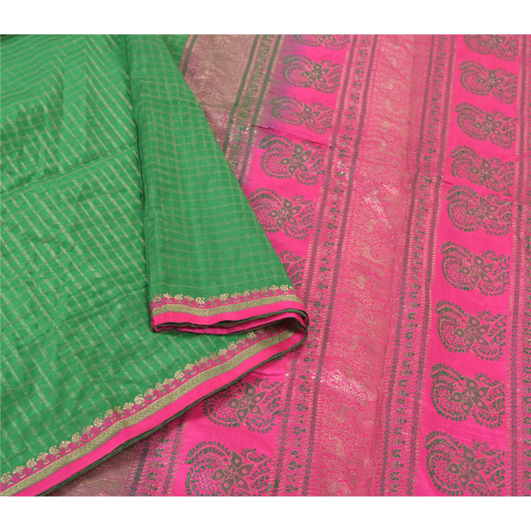 Sanskriti Vintage Heavy Green Sari 100% Pure Silk Woven Brocade Sarees Fabric