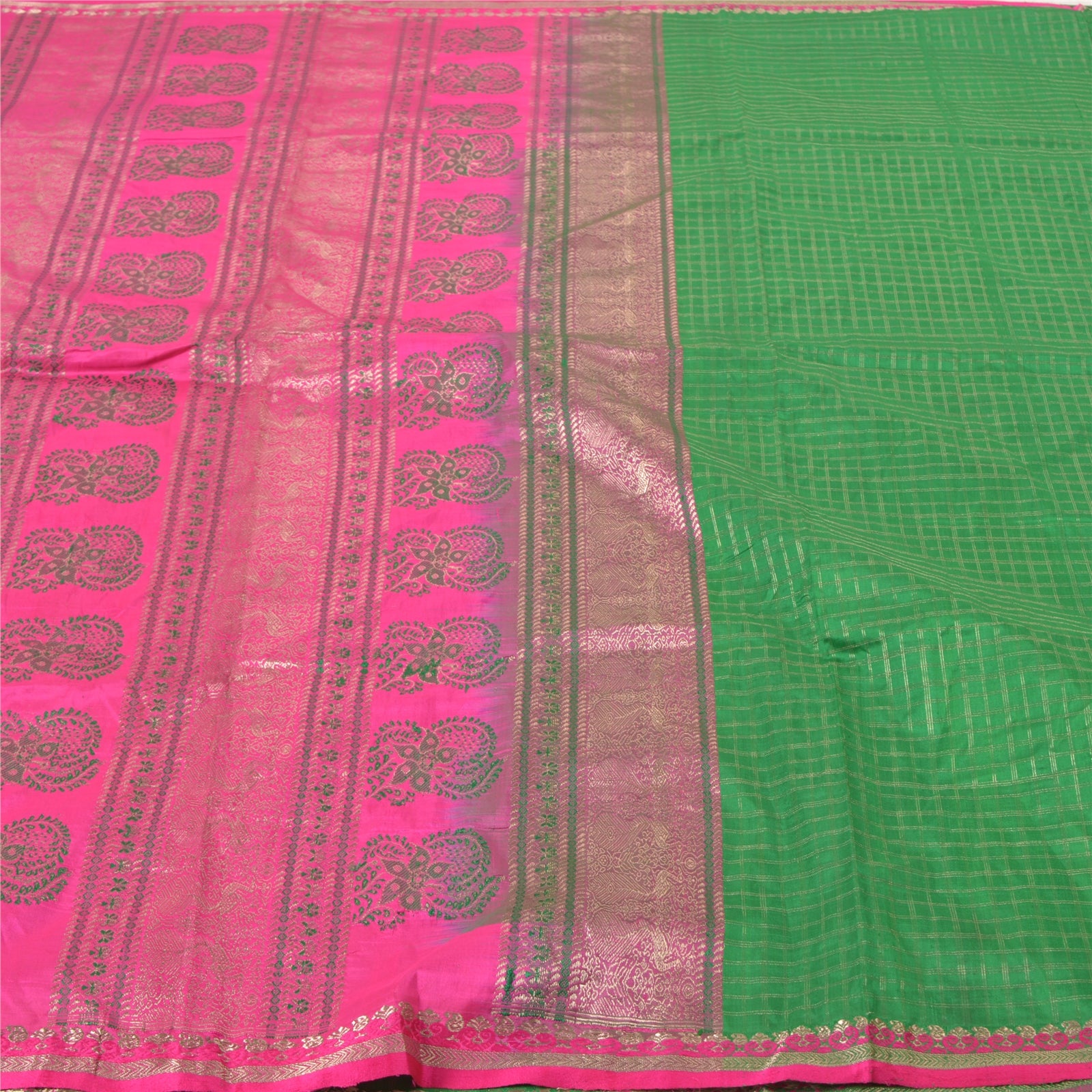 Sanskriti Vintage Saree 100% Pure Silk Heavy Green & Pink Hand Zari Woven Brocade Sarees 5+YD Fabric For Upcycled Sarongs, Scarves, Stole
