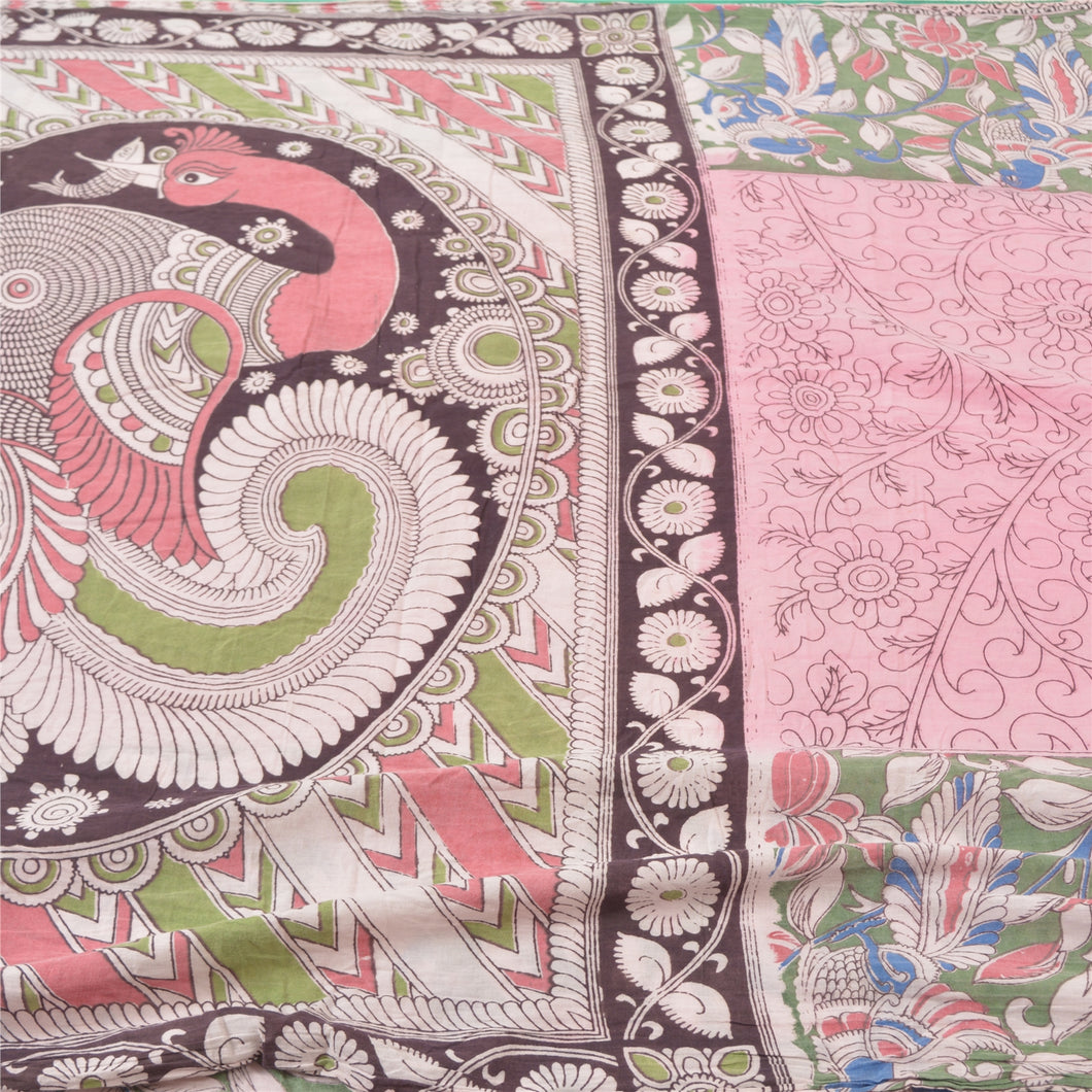 Sanskriti Vintage Heavy Pink Sarees Pure Cotton Kalamkari Indian Sari Fabric
