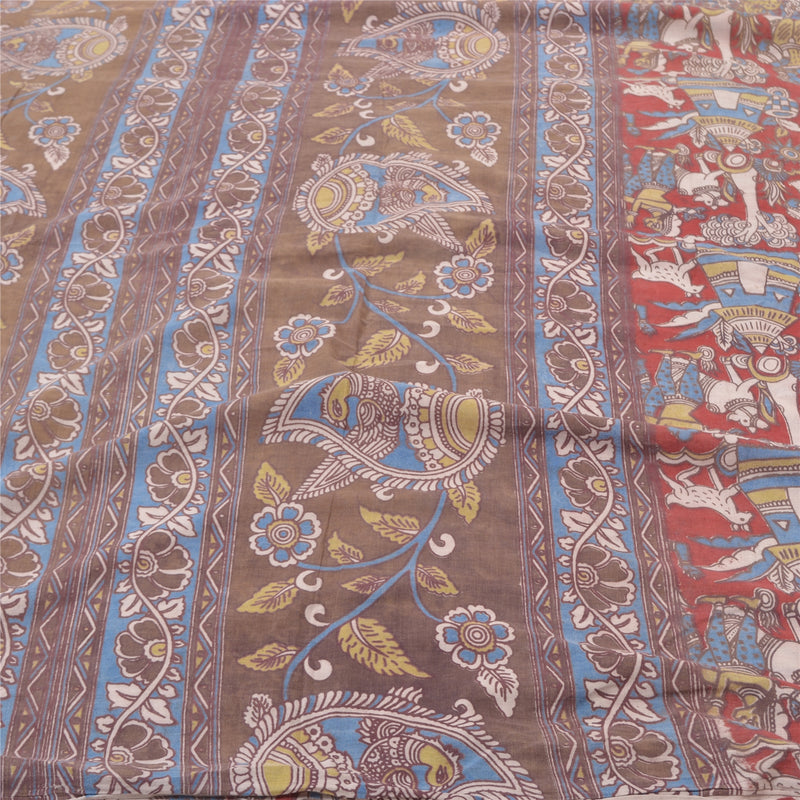 Sanskriti Vintage Saree 100% Pure Cotton Gray & Red Saree Ethnic Kalamkari Peacock Paisley Printed Remnanat Fabric 5+Yrd Craft Supplies