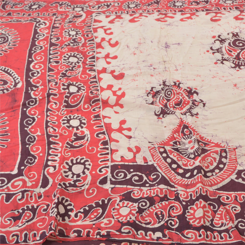 Sanskriti Vintage Vintage Saree 100% Pure Cotton Red/White Batik Work Indian Textile Heritage Women Saree Traditional 5yd Craft Fabric