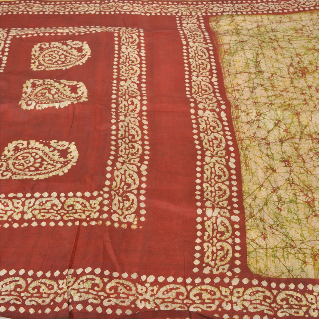 Sanskriti Vintage Cream Heavy Indian Sari Pure Silk Batik Work Sarees Fabric