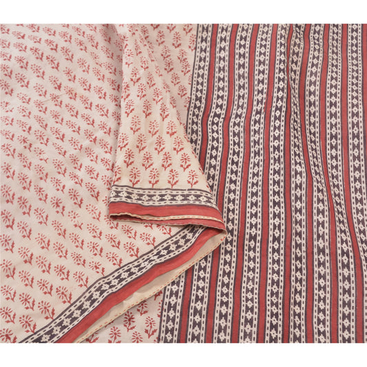 Sanskriti Vintage Off- White Heavy Sari Pure Cotton Block Printed Sarees Sustainable Fabric