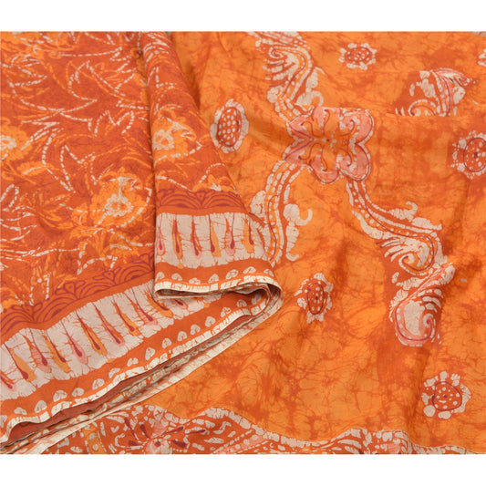 Sanskriti Vintage Orange Heavy Sarees Pure Silk Batik Work Indian Sari Sustainable Fabric