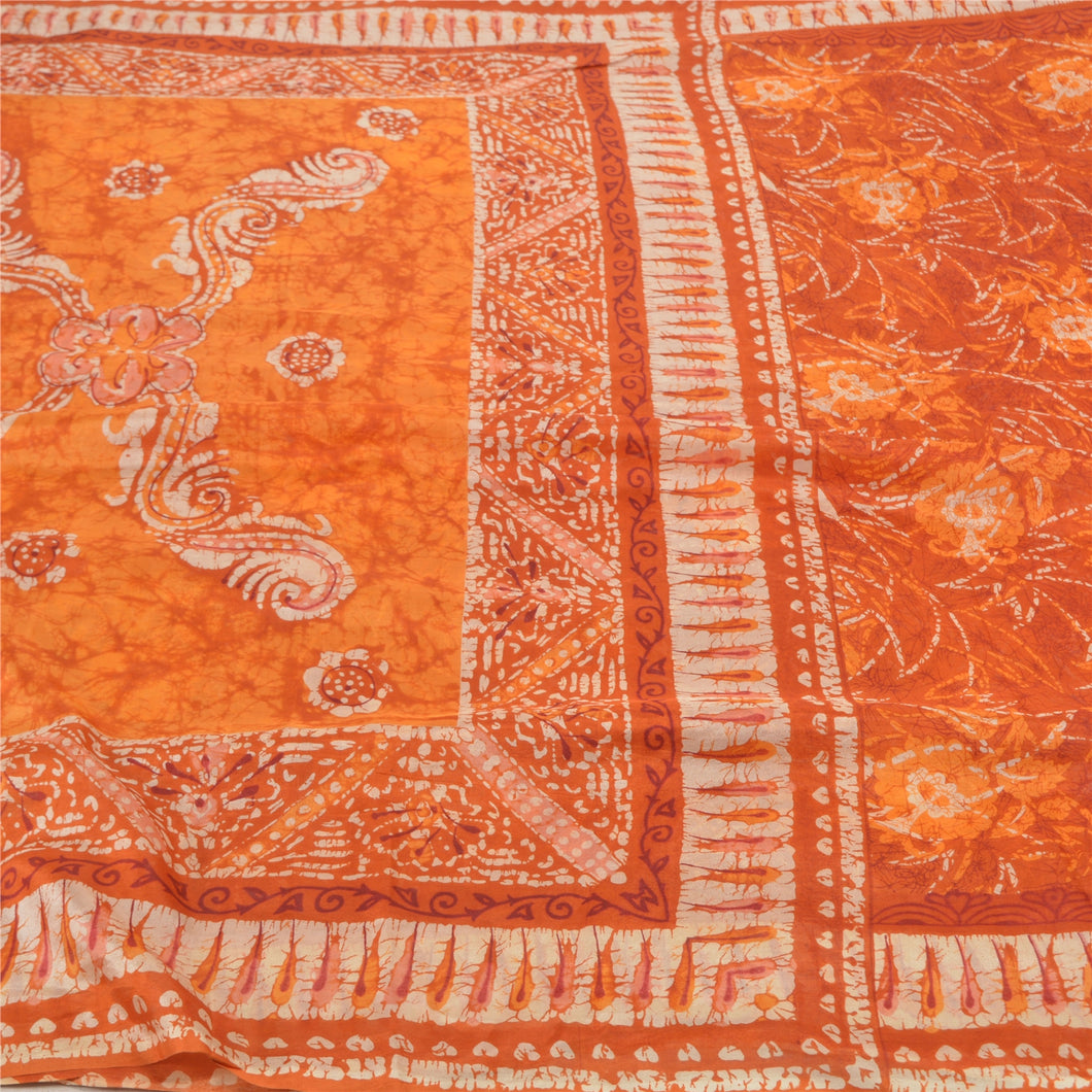Sanskriti Vintage Orange Heavy Sarees Pure Silk Batik Work Indian Sari Fabric
