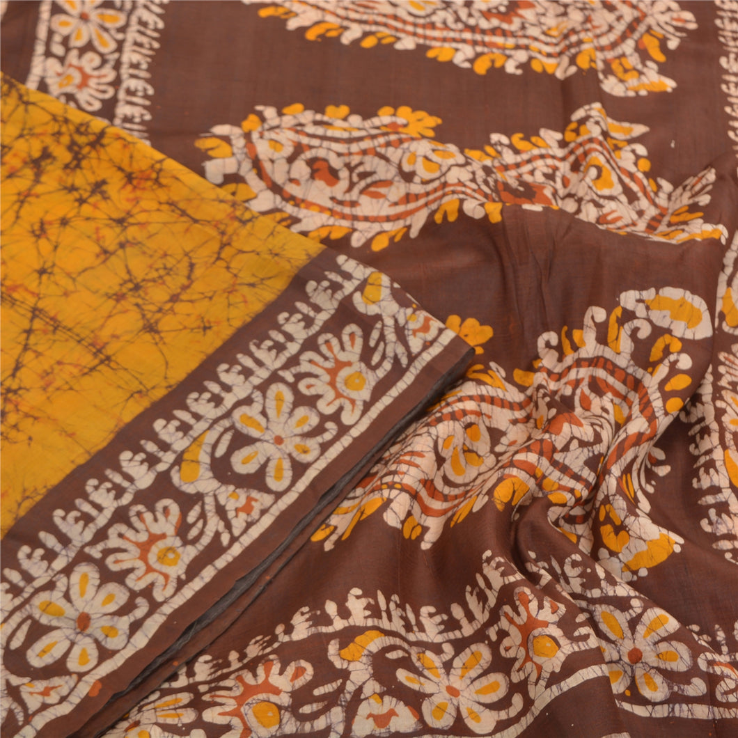 Sanskriti Vintage Yellow Heavy Indian Sari Pure Silk Batik Work Sarees Fabric