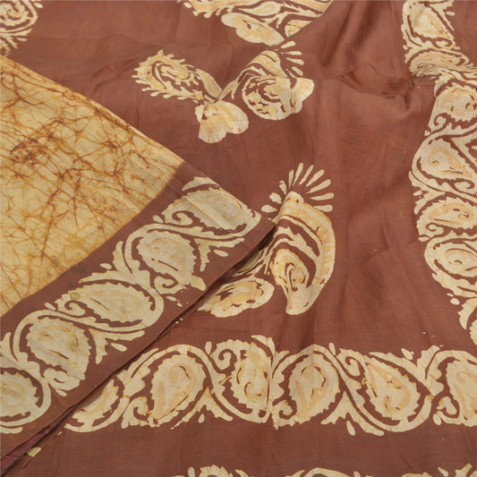 Sanskriti Vintage Cream Heavy Indian Sari Pure Silk Batik Work Sarees Sustainable Fabric
