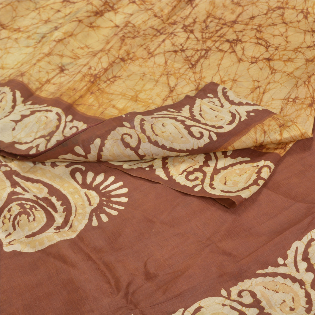 Sanskriti Vintage Cream Heavy Indian Sari Pure Silk Batik Work Sarees Fabric