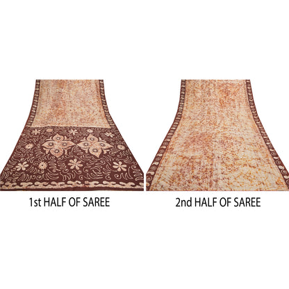 Sanskriti Vintage 100 % ren silke Batik Saree cremetrykt Sari Craft Bæredygtigt stof