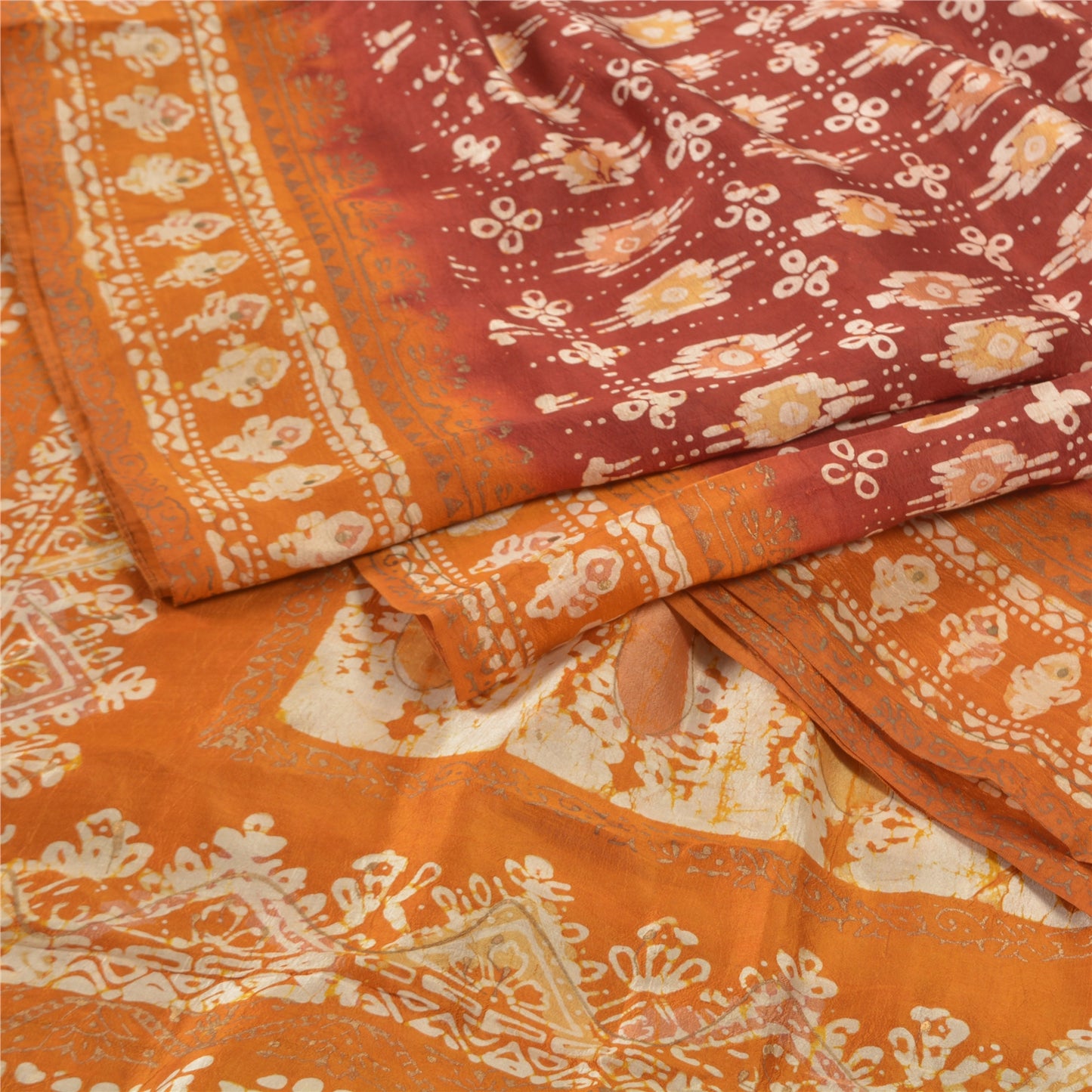 Sanskriti Vintage Saree 100% Pure Silk Dark Red Batik Work India Traditional Saree Cream Boho Quilting Material For DIY Projects