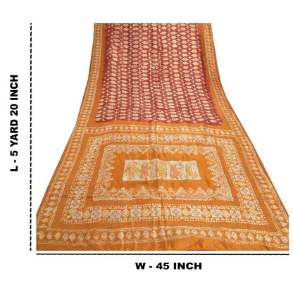 Sanskriti Vintage Saree 100% Pure Silk Dark Red Batik Work India Traditional Saree Cream Boho Quilting Material For DIY Projects