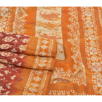 Sanskriti Vintage Saree 100% Pure Silk Dark Red Batik Work India Traditional Saree Cream Boho Quilting Material For DIY Projects