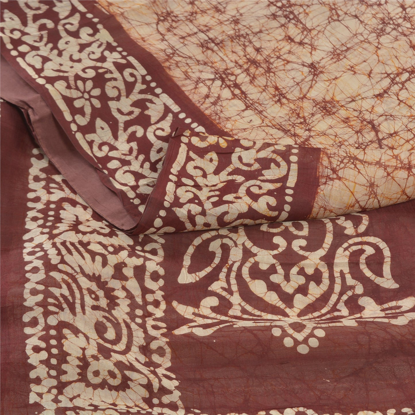 Sanskriti Vintage Batik Work 100% Pure Silk Saree - Cream & Brown Indian Saree - Abstract Pattern Craft Fabric 5yd Boho For DIY Projects
