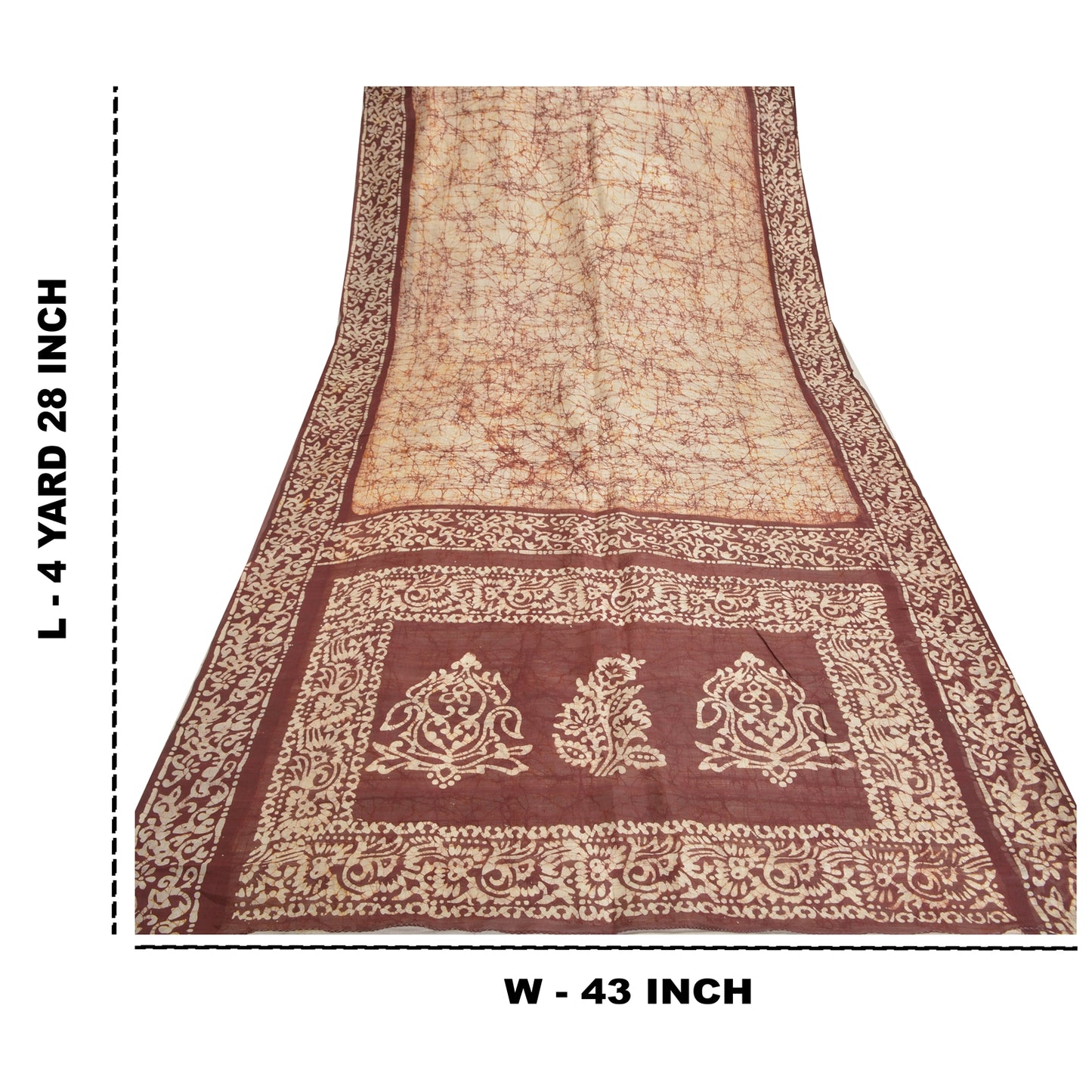 Sanskriti Vintage Batik Work 100% Pure Silk Saree - Cream & Brown Indian Saree - Abstract Pattern Craft Fabric 5yd Boho For DIY Projects