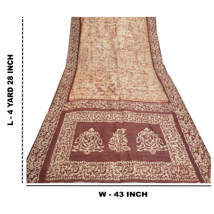 Sanskriti Vintage Batik Work 100% Pure Silk Saree - Cream & Brown Indian Saree - Abstract Pattern Craft Fabric 5yd Boho For DIY Projects