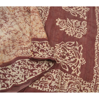Sanskriti Vintage Batik Work 100% Pure Silk Saree - Cream & Brown Indian Saree - Abstract Pattern Craft Fabric 5yd Boho For DIY Projects