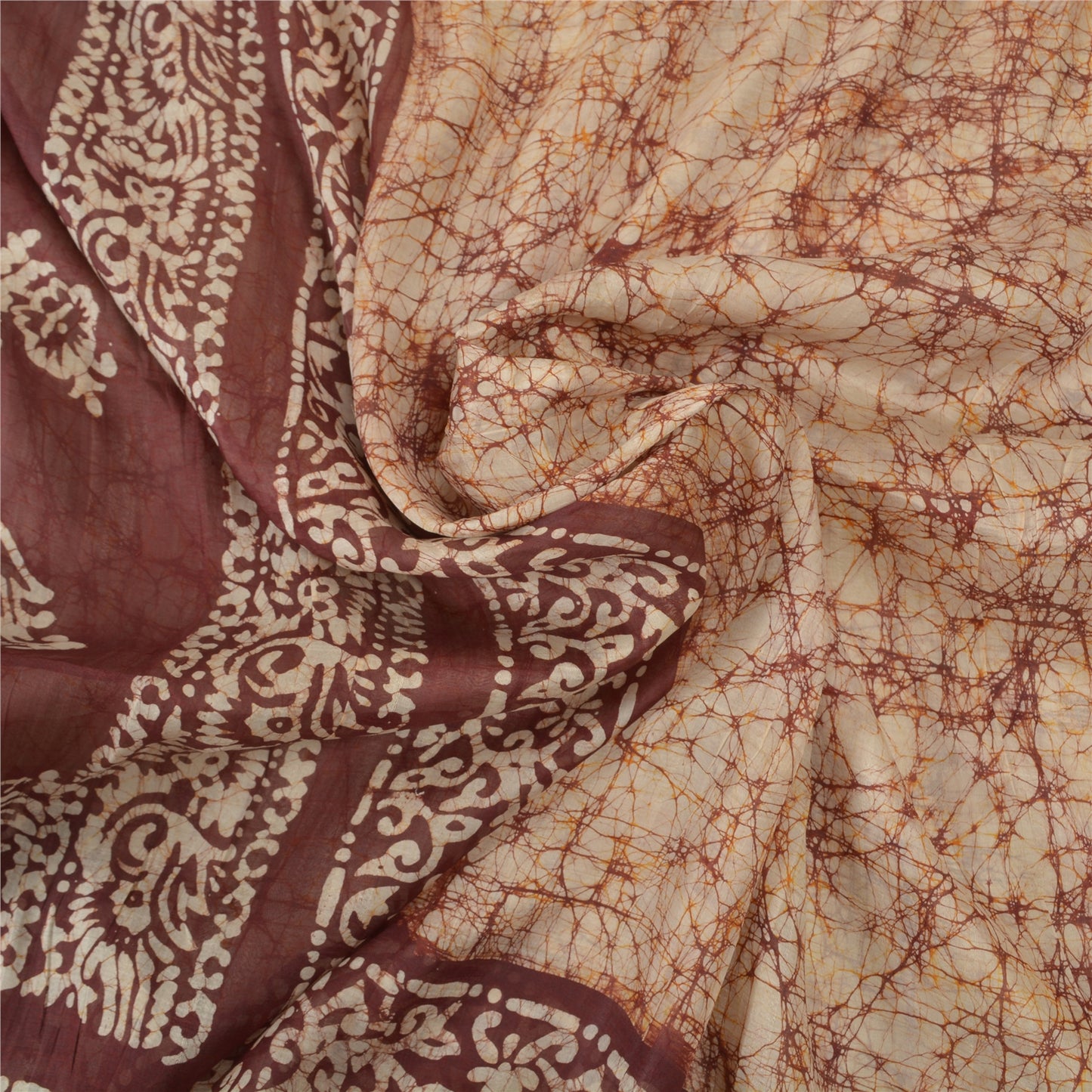 Sanskriti Vintage Batik Work 100% Pure Silk Saree - Cream & Brown Indian Saree - Abstract Pattern Craft Fabric 5yd Boho For DIY Projects