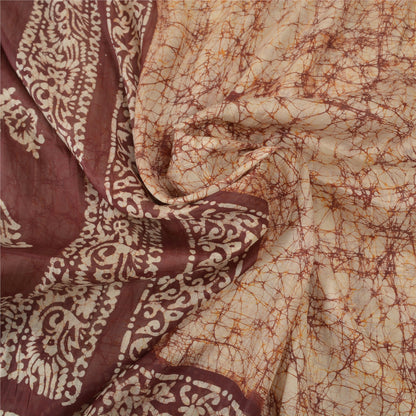 Sanskriti Vintage Batik Work 100% Pure Silk Saree - Cream & Brown Indian Saree - Abstract Pattern Craft Fabric 5yd Boho For DIY Projects