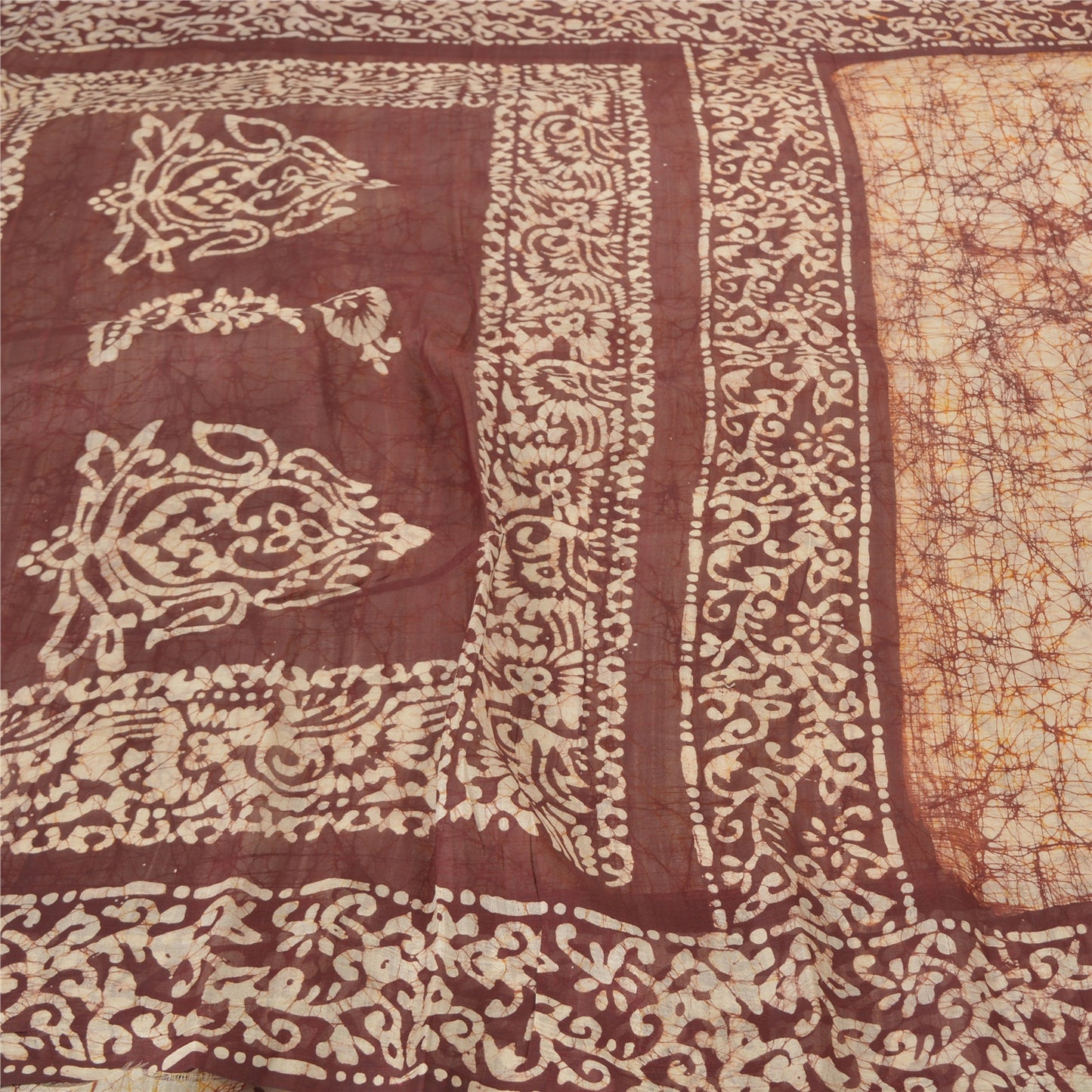 Sanskriti Vintage Batik Work 100% Pure Silk Saree - Cream & Brown Indian Saree - Abstract Pattern Craft Fabric 5yd Boho For DIY Projects