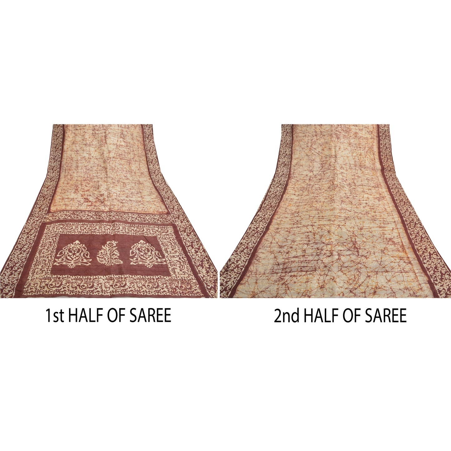Sanskriti Vintage Batik Work 100% Pure Silk Saree - Cream & Brown Indian Saree - Abstract Pattern Craft Fabric 5yd Boho For DIY Projects