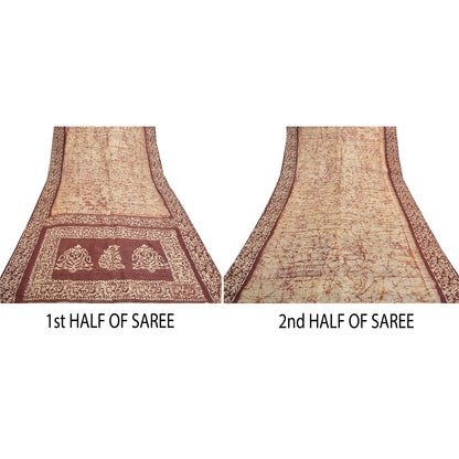 Sanskriti Vintage Batik Work 100% Pure Silk Saree - Cream & Brown Indian Saree - Abstract Pattern Craft Fabric 5yd Boho For DIY Projects