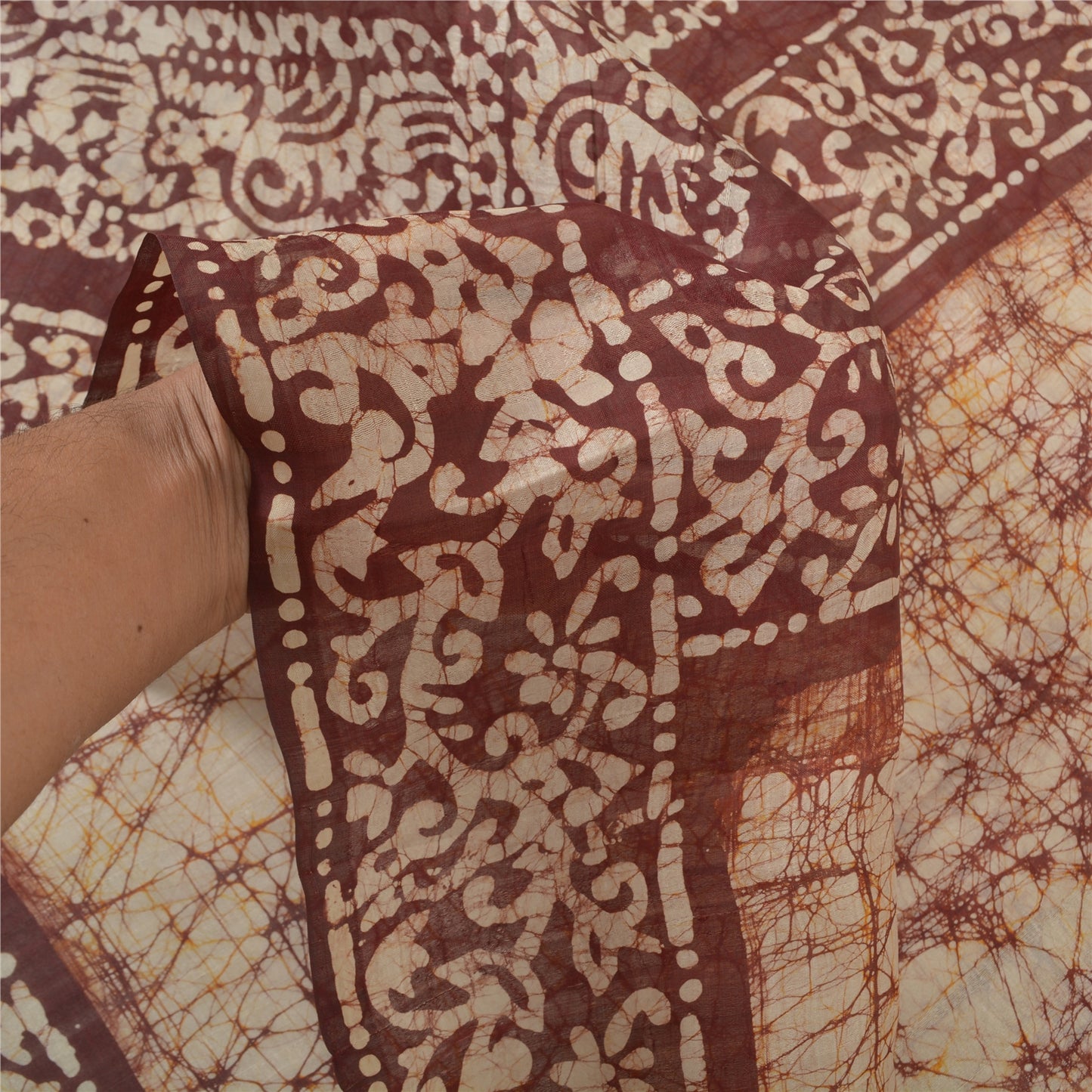 Sanskriti Vintage Batik Work 100% Pure Silk Saree - Cream & Brown Indian Saree - Abstract Pattern Craft Fabric 5yd Boho For DIY Projects