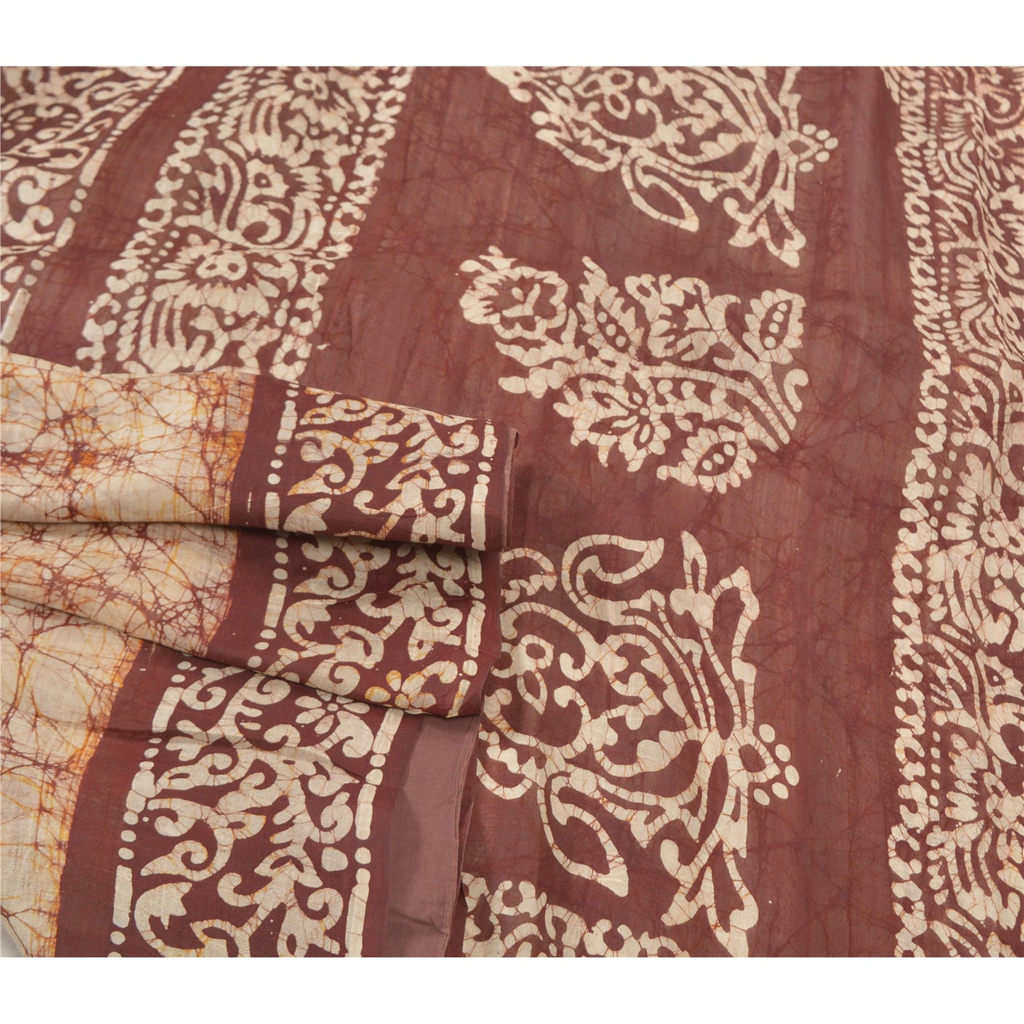 Sanskriti Vintage Batik Work 100% Pure Silk Saree - Cream & Brown Indian Saree - Abstract Pattern Craft Fabric 5yd Boho For DIY Projects