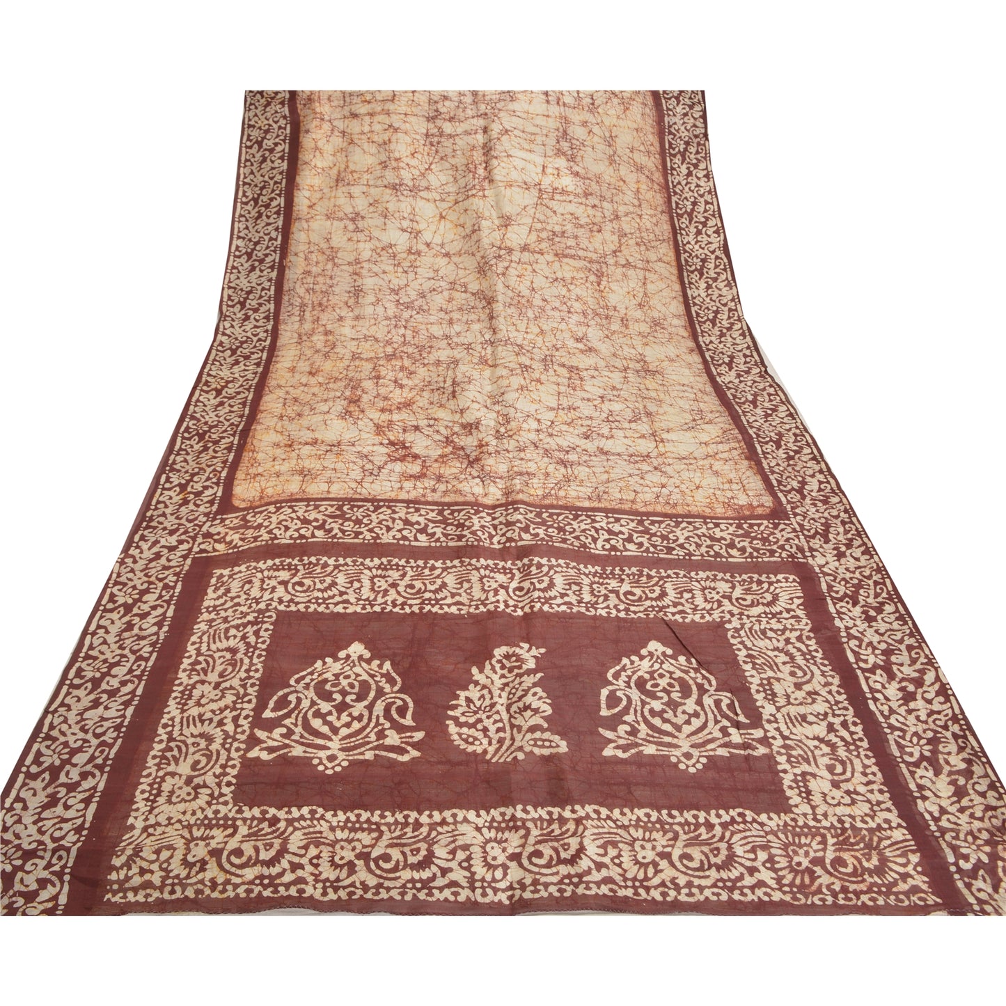 Sanskriti Vintage Batik Work 100% Pure Silk Saree - Cream & Brown Indian Saree - Abstract Pattern Craft Fabric 5yd Boho For DIY Projects