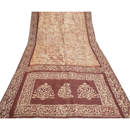 Sanskriti Vintage Batik Work 100% Pure Silk Saree - Cream & Brown Indian Saree - Abstract Pattern Craft Fabric 5yd Boho For DIY Projects
