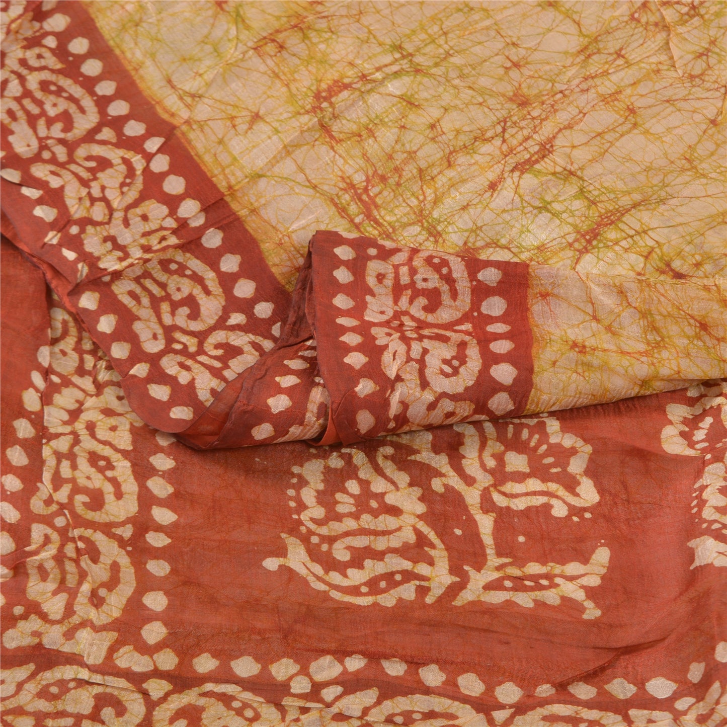 Sanskriti Vintage indisk Batik Work Heavy Saree 100% ren silke sennep Sari