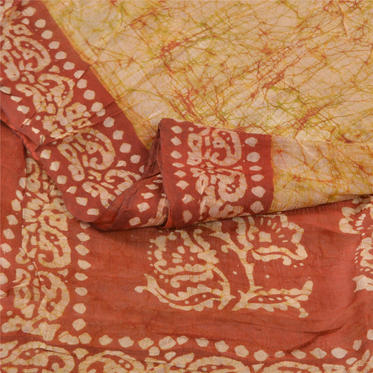 Sanskriti Vintage indisk Batik Work Heavy Saree 100% ren silke sennep Sari