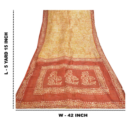 Sanskriti Vintage indisk Batik Work Heavy Saree 100% ren silke sennep Sari