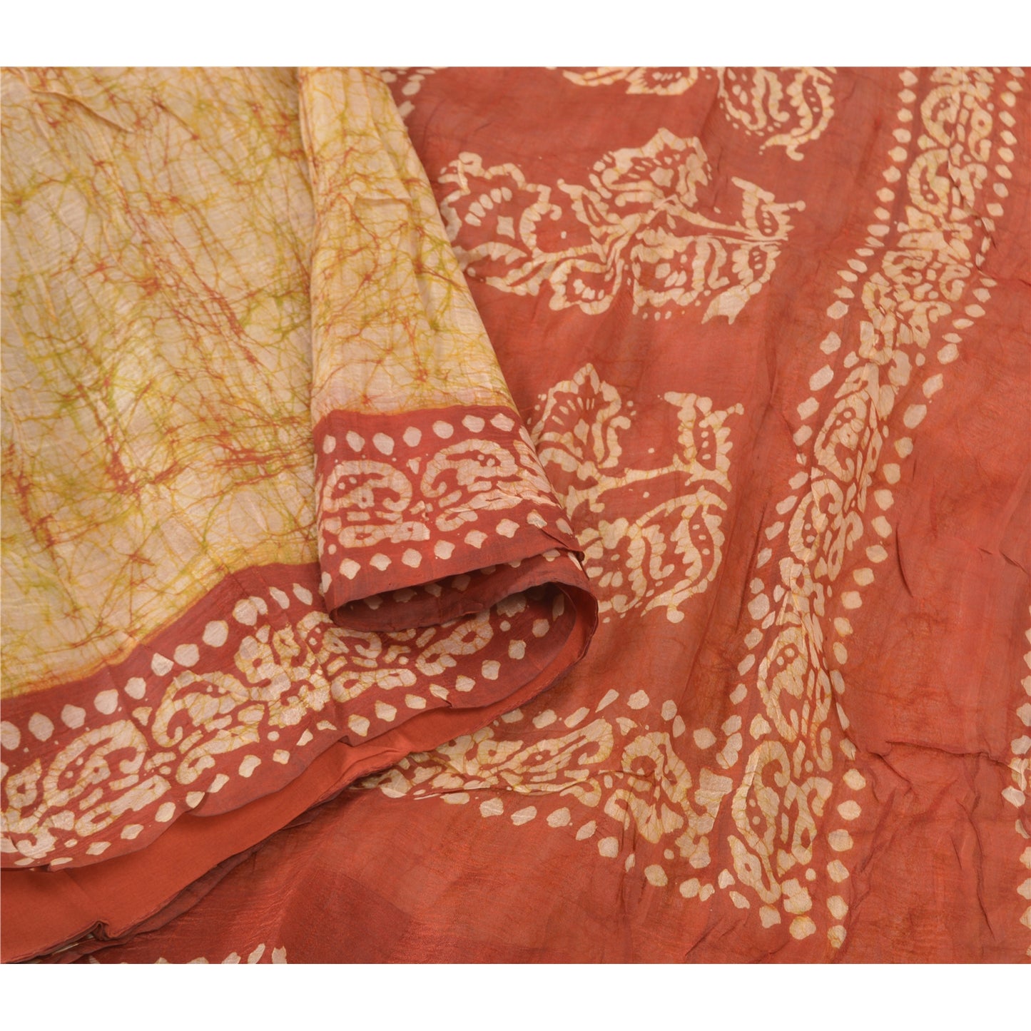 Sanskriti Vintage indisk Batik Work Heavy Saree 100% ren silke sennep Sari