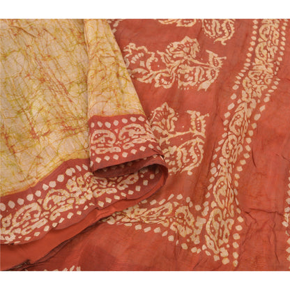 Sanskriti Vintage indisk Batik Work Heavy Saree 100% ren silke sennep Sari