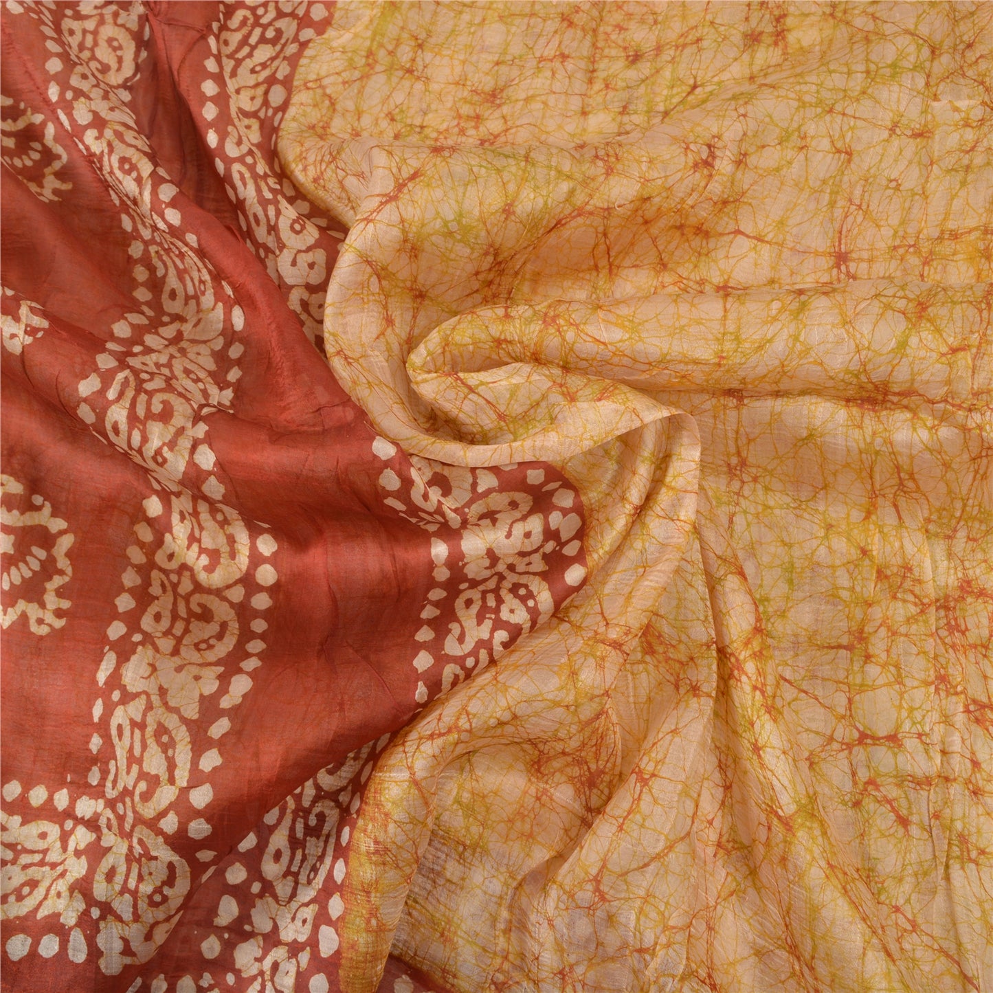 Sanskriti Vintage indisk Batik Work Heavy Saree 100% ren silke sennep Sari
