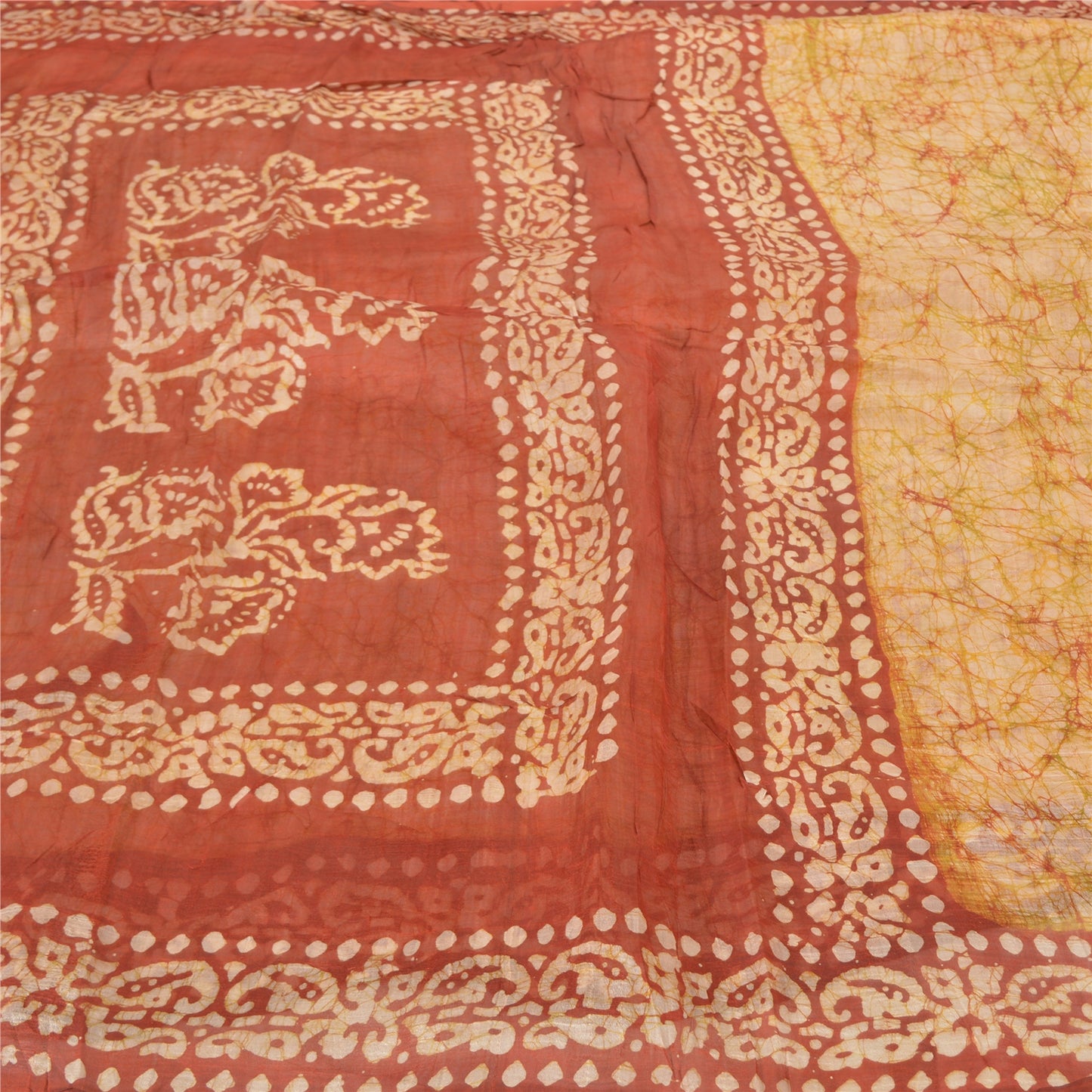 Sanskriti Vintage indisk Batik Work Heavy Saree 100% ren silke sennep Sari