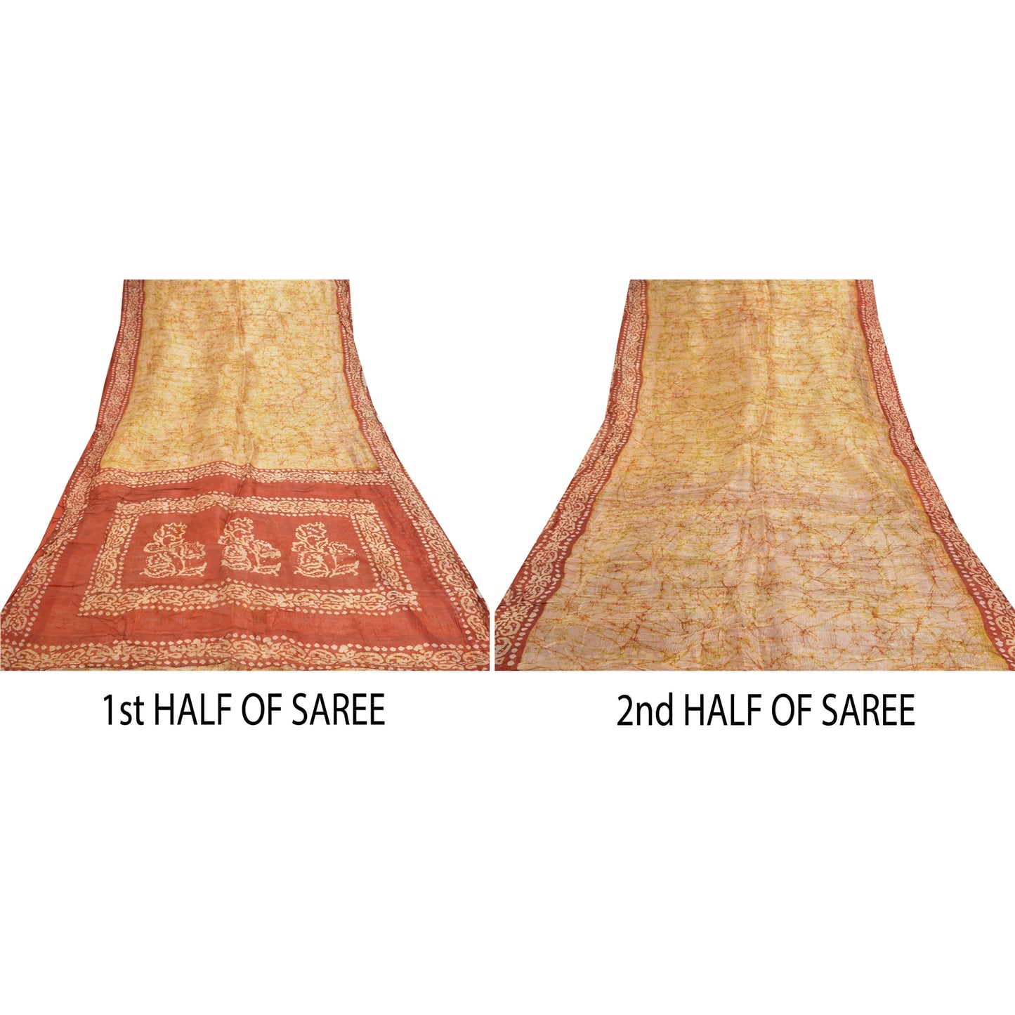 Sanskriti Vintage indisk Batik Work Heavy Saree 100% ren silke sennep Sari