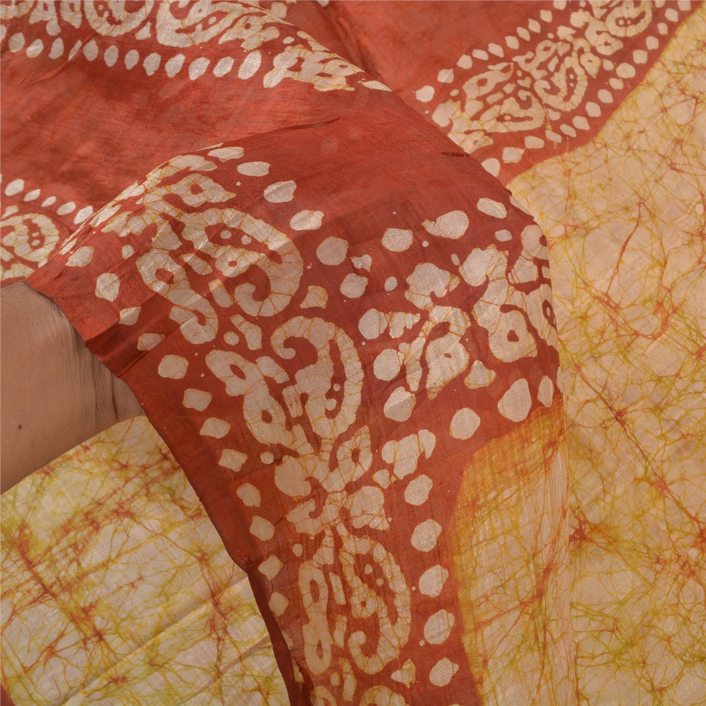 Sanskriti Vintage indisk Batik Work Heavy Saree 100% ren silke sennep Sari