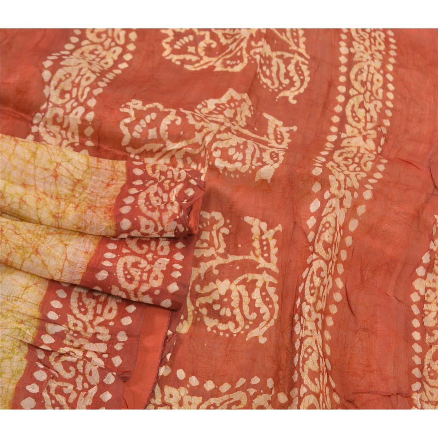Sanskriti Vintage indisk Batik Work Heavy Saree 100% ren silke sennep Sari