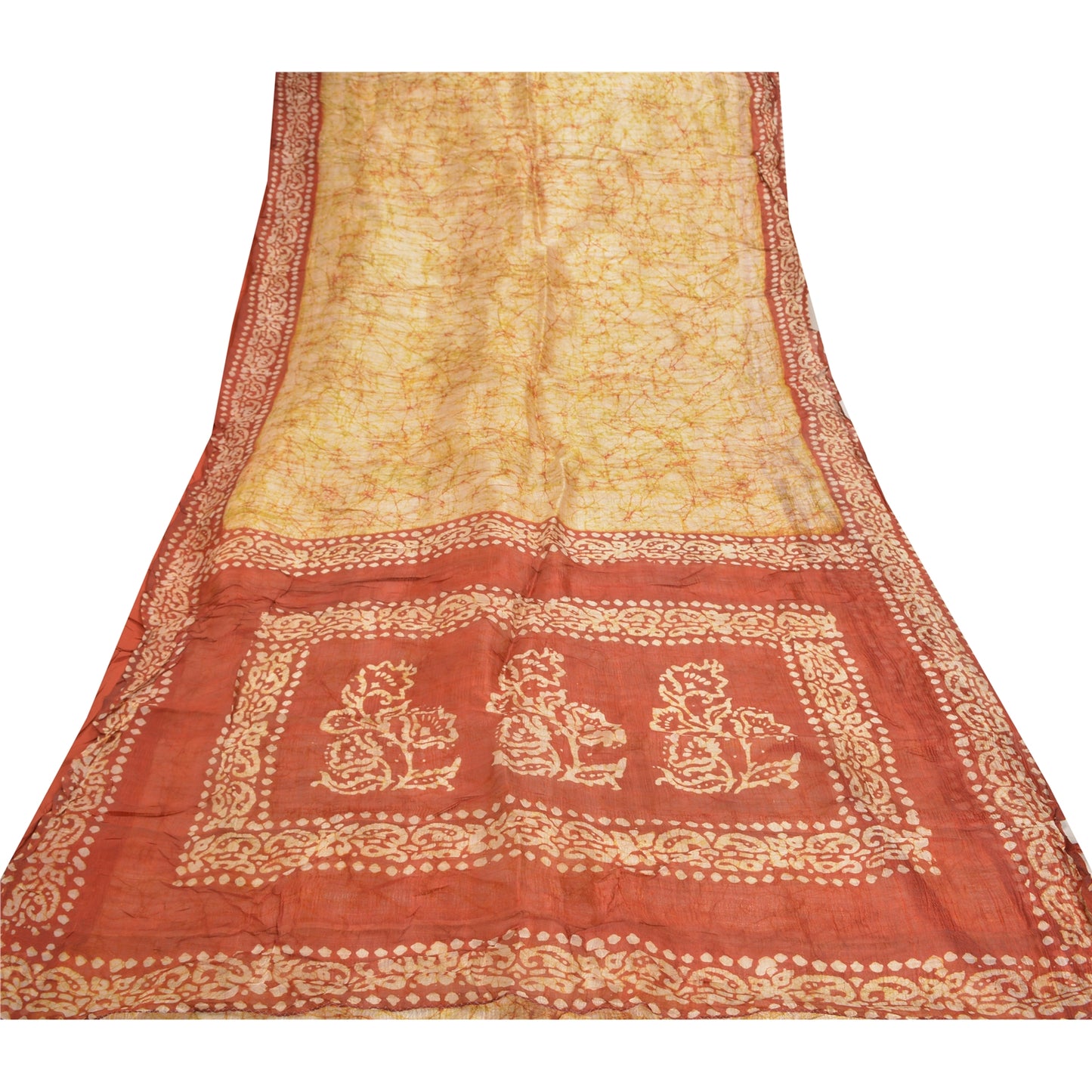 Sanskriti Vintage indisk Batik Work Heavy Saree 100% ren silke sennep Sari