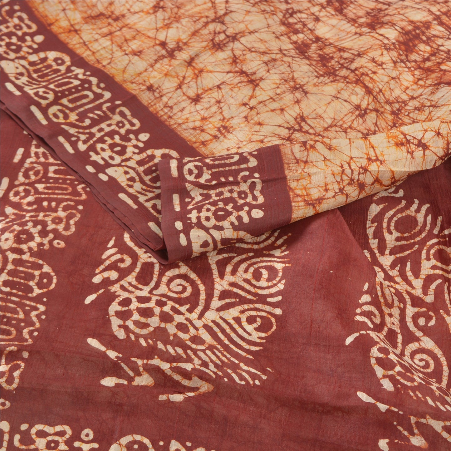 Sanskriti Vintage Saree 100% Pure Silk Saree Ivory/Brown Batik Work Special Saree Fabric Create- Upcycled Sarongs, Scarves, or Stoles