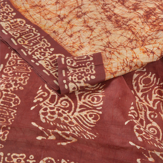 Sanskriti Vintage Saree 100% Pure Silk Saree Ivory/Brown Batik Work Special Saree Fabric Create- Upcycled Sarongs, Scarves, or Stoles