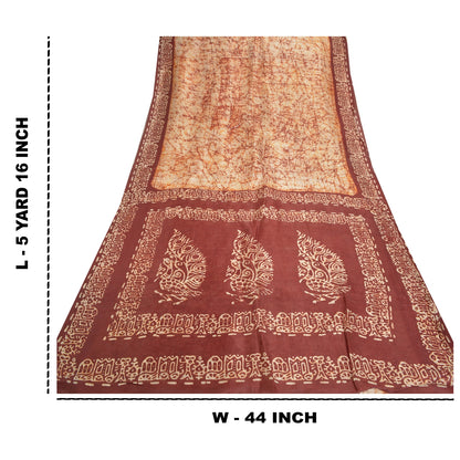 Sanskriti Vintage Saree 100% Pure Silk Saree Ivory/Brown Batik Work Special Saree Fabric Create- Upcycled Sarongs, Scarves, or Stoles