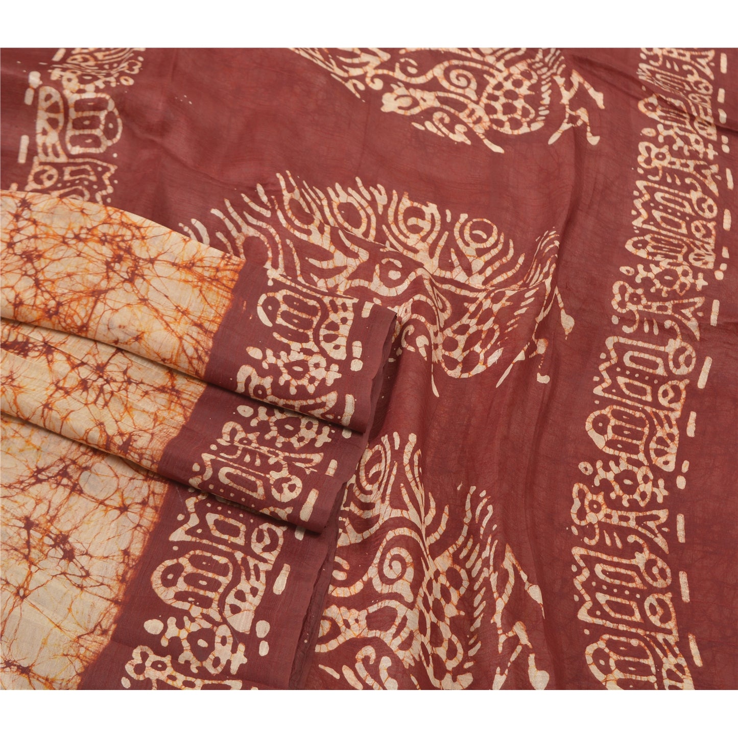 Sanskriti Vintage Saree 100% Pure Silk Saree Ivory/Brown Batik Work Special Saree Fabric Create- Upcycled Sarongs, Scarves, or Stoles