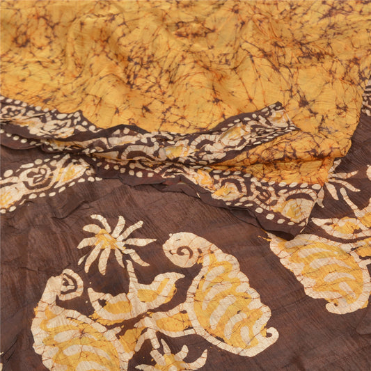 Sanskriti Vintage Saree 100% Pure Silk Batik Work Heavy Saree Yellow & Brown 5yd Craft Fabric India Traditional Art By Handmade, Home Decor Projects
