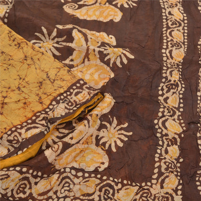 Sanskriti Vintage Saree 100% Pure Silk Batik Work Heavy Saree Yellow & Brown 5yd Craft Fabric India Traditional Art By Handmade, Home Decor Projects