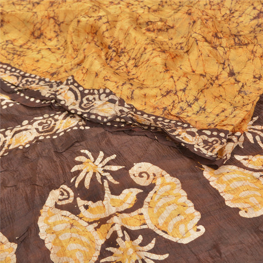 Sanskriti Vintage Saree 100% Pure Silk Batik Work Heavy Saree Yellow & Brown 5yd Craft Fabric India Traditional Art By Handmade, Home Decor Projects