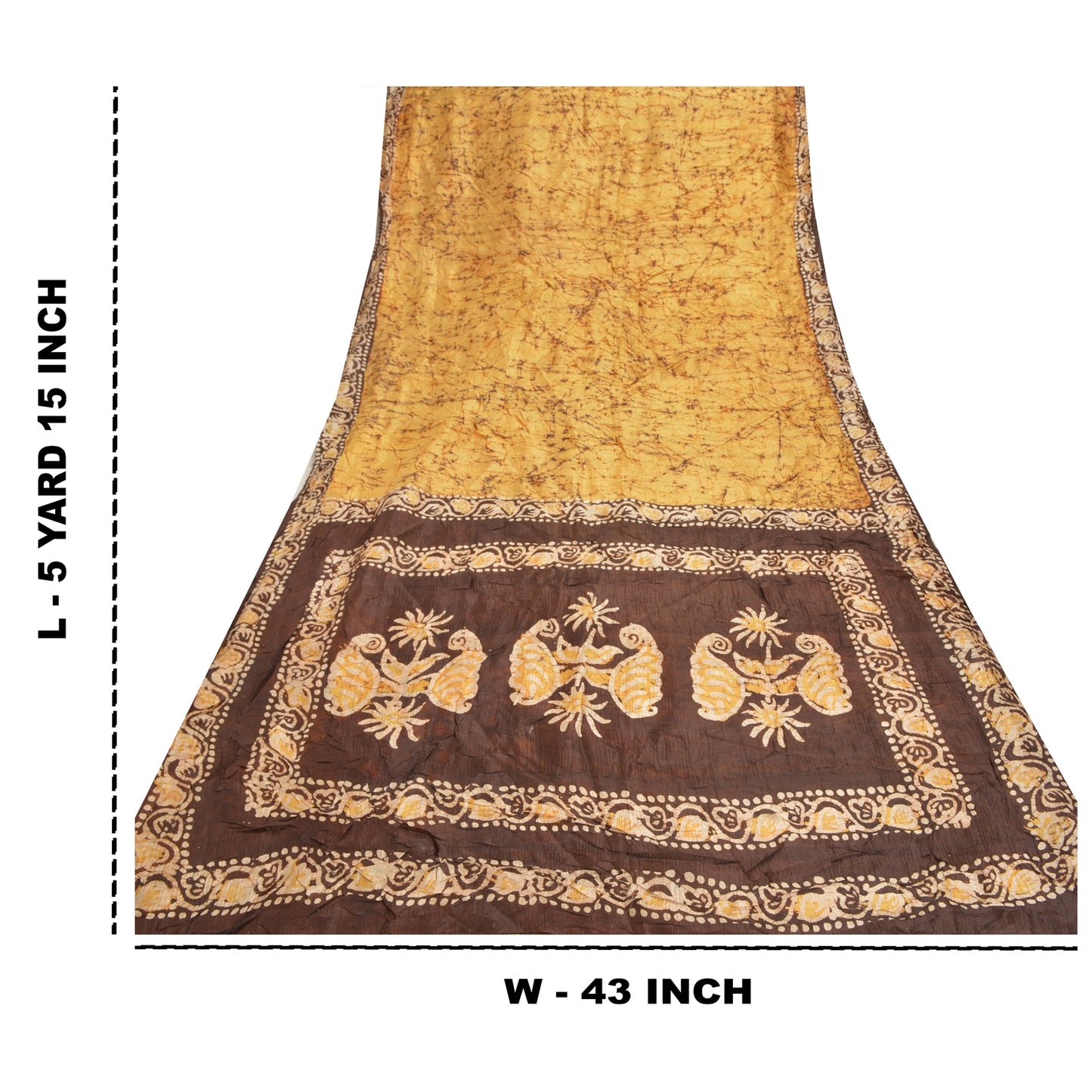 Sanskriti Vintage Saree 100% Pure Silk Batik Work Heavy Saree Yellow & Brown 5yd Craft Fabric India Traditional Art By Handmade, Home Decor Projects