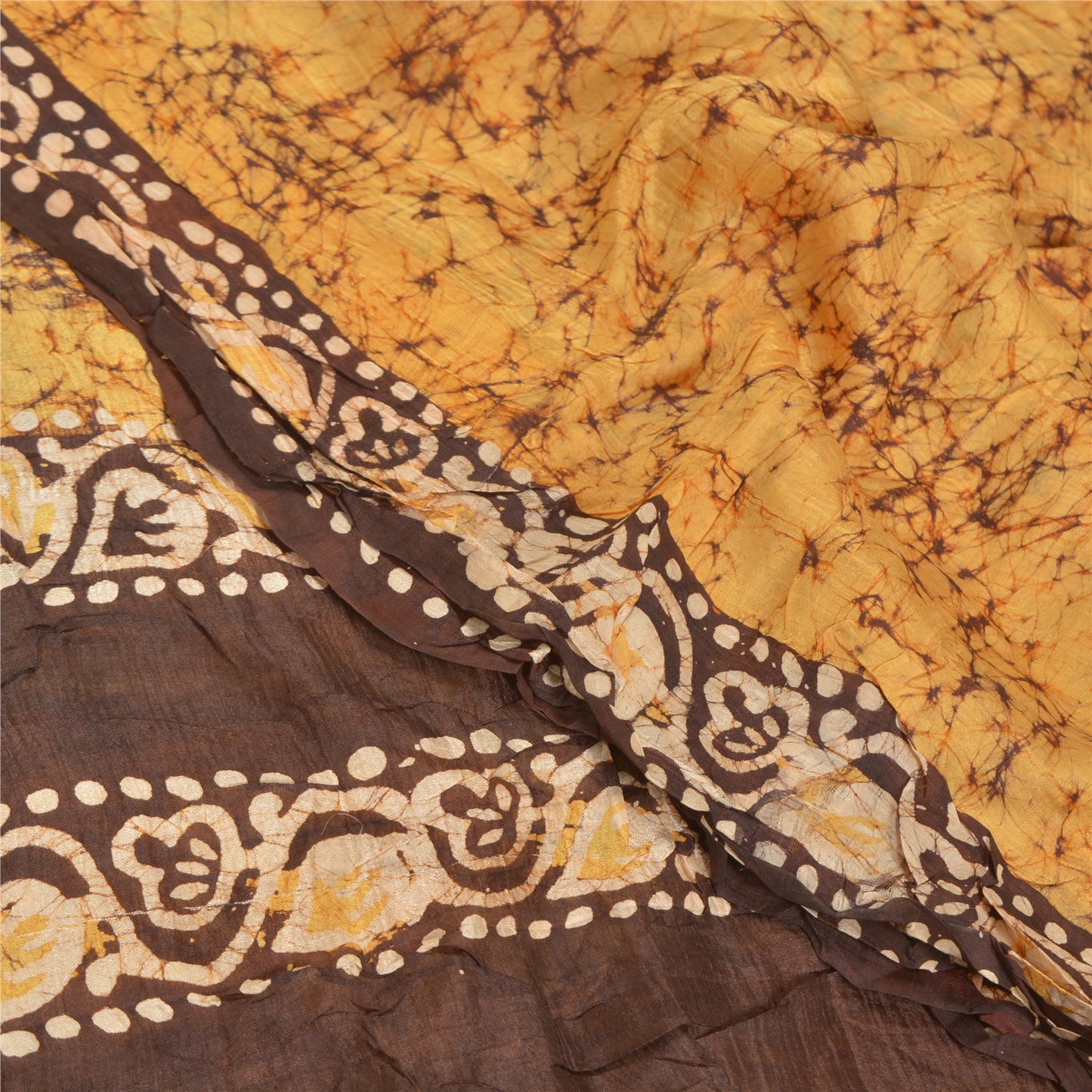 Sanskriti Vintage Saree 100% Pure Silk Batik Work Heavy Saree Yellow & Brown 5yd Craft Fabric India Traditional Art By Handmade, Home Decor Projects