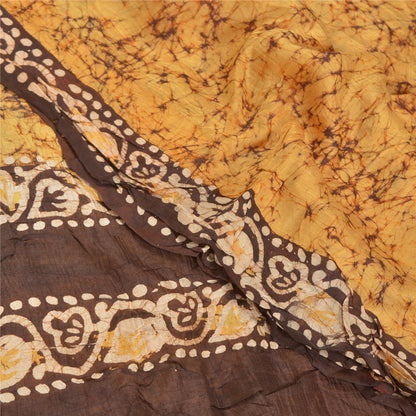 Sanskriti Vintage Saree 100% Pure Silk Batik Work Heavy Saree Yellow & Brown 5yd Craft Fabric India Traditional Art By Handmade, Home Decor Projects